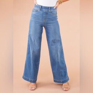 SPANX small petite pull on wide leg front seam vintage indigo jeans